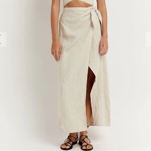 DISSH HALLIE 100% NATURAL LINEN WRAP MIDI SKIRT FRONT LEG SPLIT